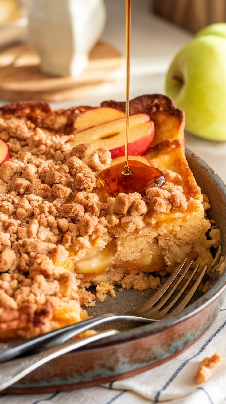 A baked apple cinnamon French toast casserole in a rustic dish, topped with streusel and maple syrup, ready to serve.